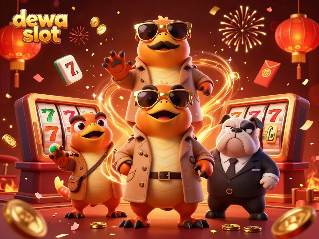 Rasakan keseruan permainan dewa slot bersama tiga raptor dalam jas, menuju lounge kasino VIP.