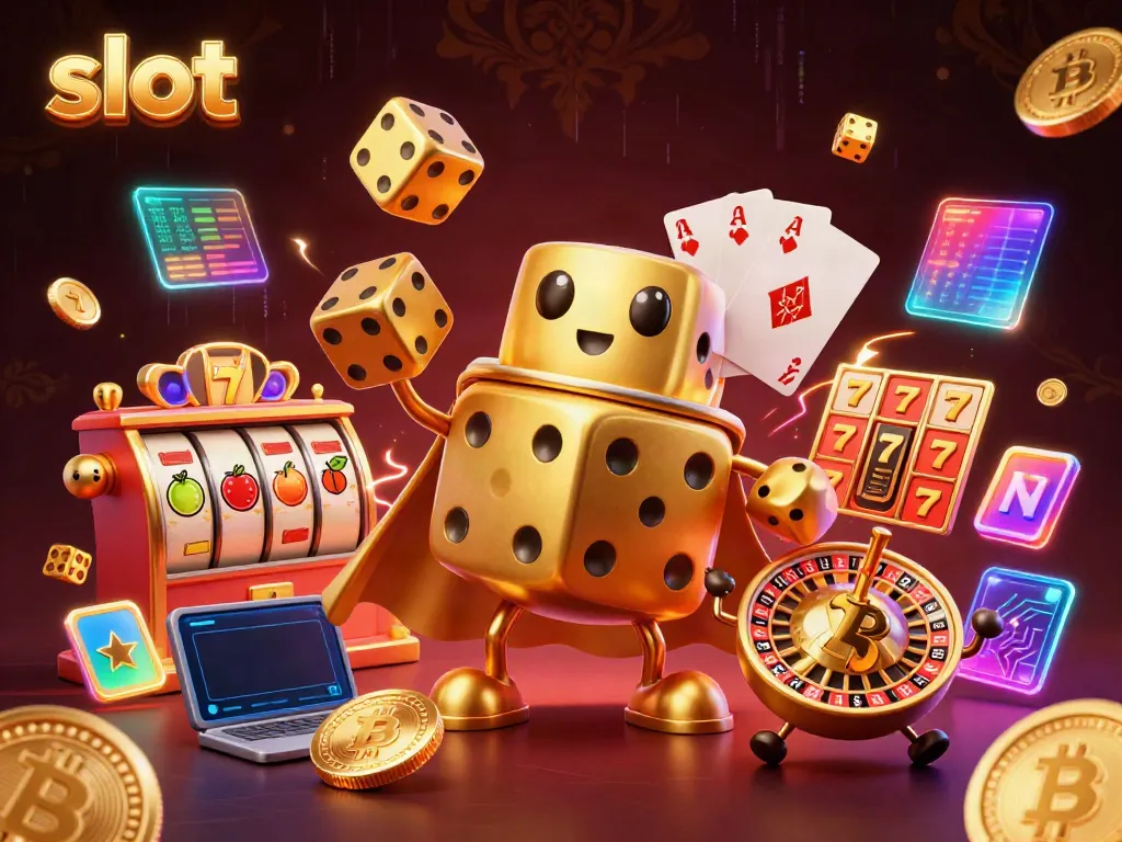Experience vibrant slot excitement with a cartoon golden dice golem and electrifying elements.