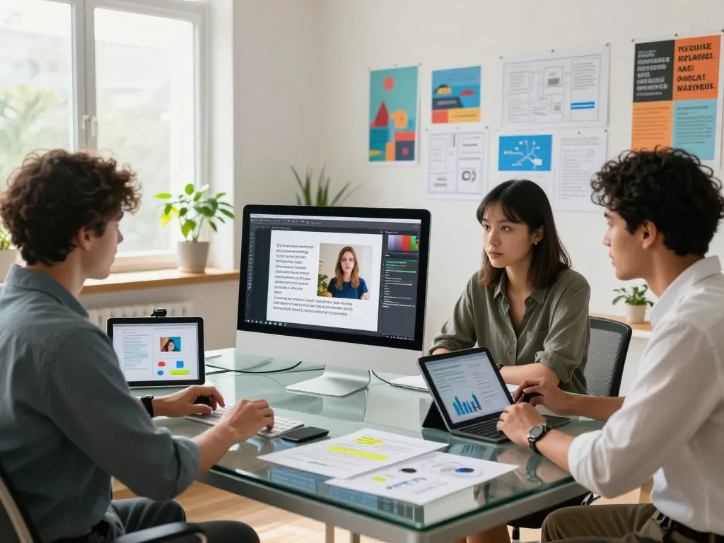 Team collaborating on AI image to prompt ai project in a modern workspace