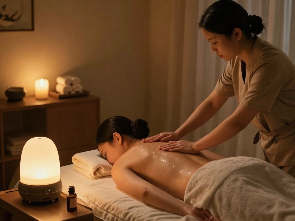 Relaxing 잠실출장마사지 scene with therapist in cozy home setting