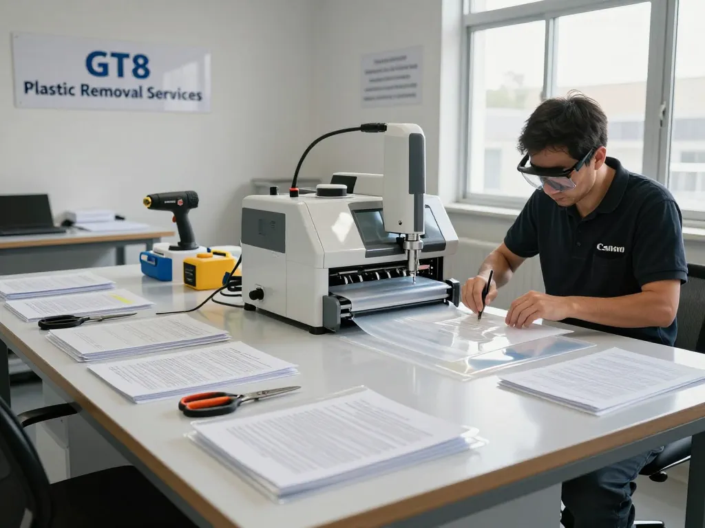 Bóc sổ đỏ ép plastic at GT8 workshop, showcasing technician using advanced technology for safe layer removal.
