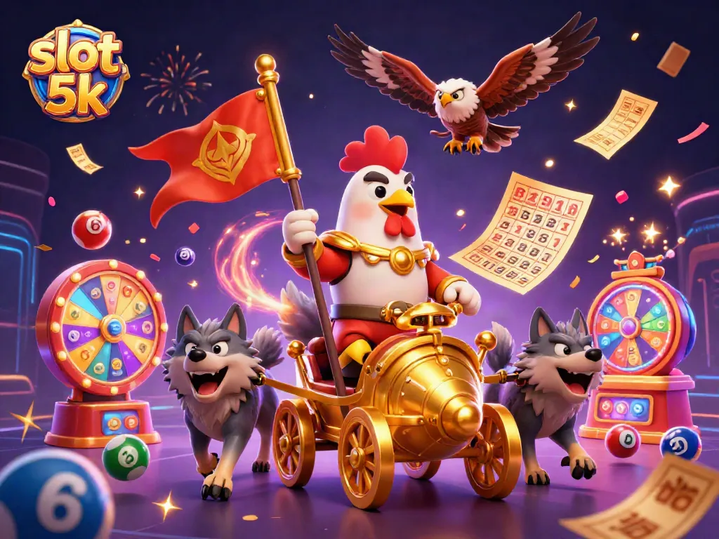 Engage in excitement with slot 5k as a rooster warlord leads a vibrant 3D casino scene.