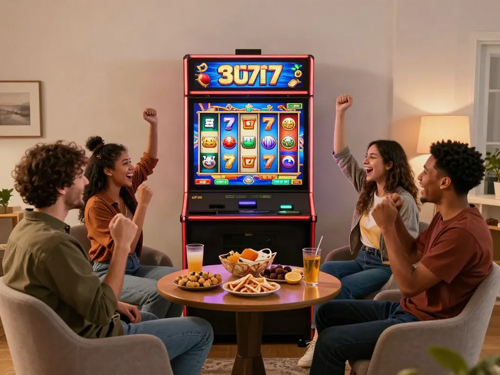 Permainan slot777 online dengan teman merayakan kemenangan besar di rumah yang ceria.