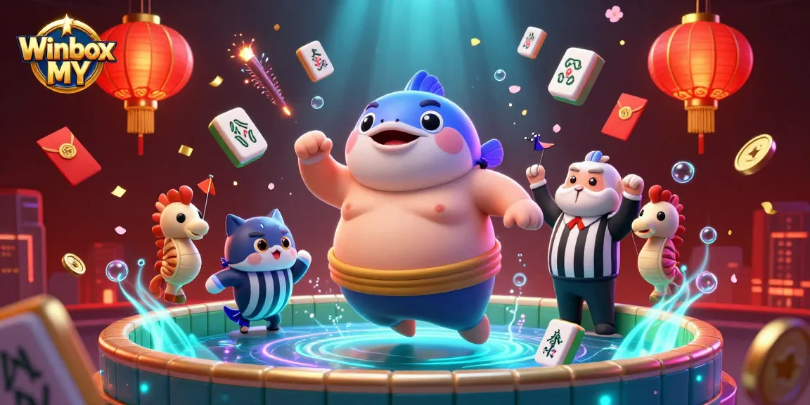 Winbox MY brings excitement to players with a dynamic underwater casino illustration featuring a fugu and catfish referee.