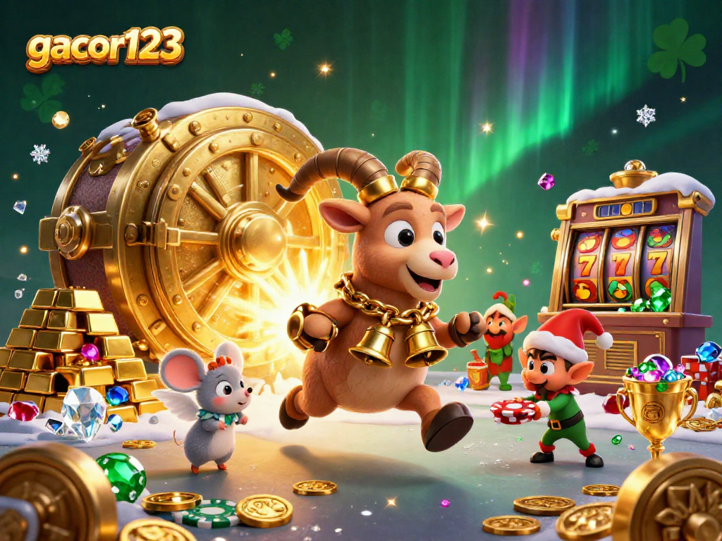 Engage with gacor123's vibrant holiday-horror casino scene featuring characters amidst rich slot game elements.