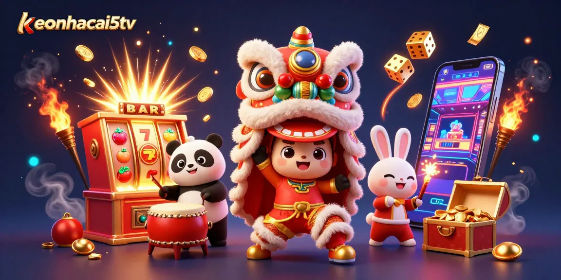 Engage with keonhacai5tv through an exciting lion dance scene, slot machines, and festive decorations.