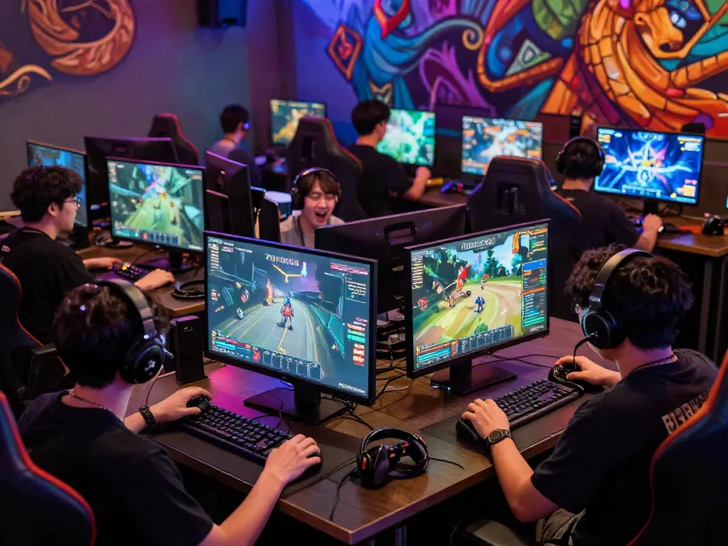 Players experiencing ROKOK88 game excitement, interactive lanes, vibrant graphics.