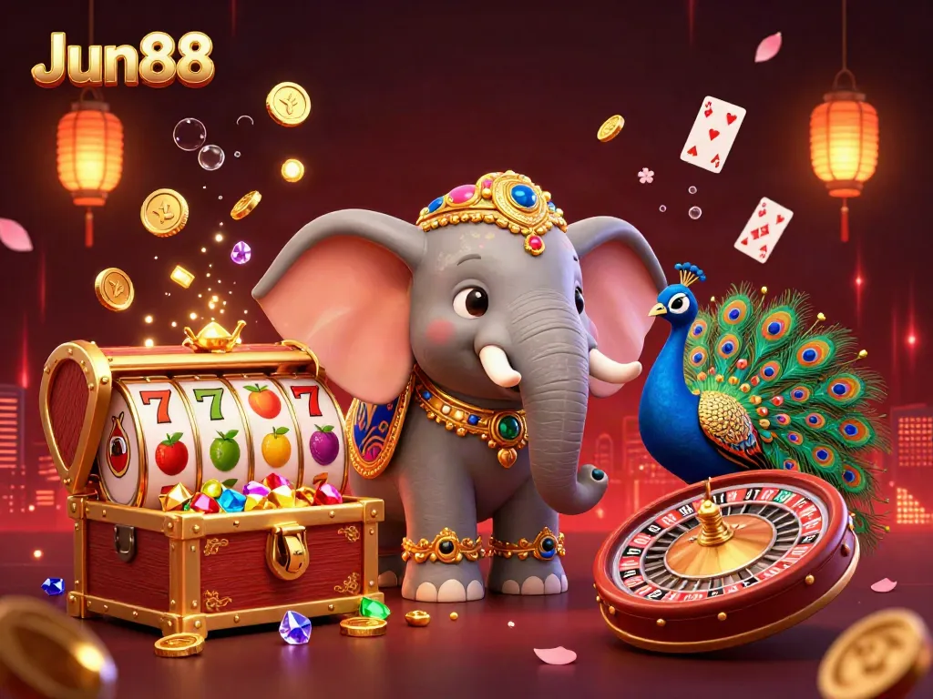 Experience thrilling betting at Jun88 with a vibrant, lively 3D casino scene featuring colorful elements and a festive atmosphere.