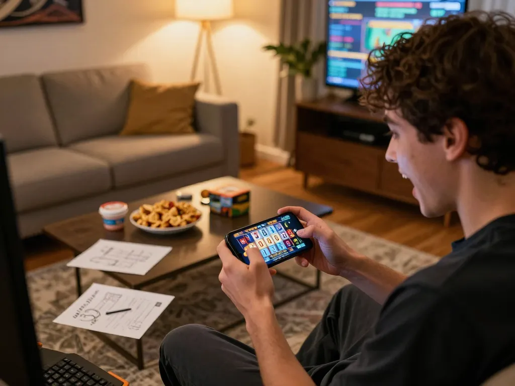A player enjoying the MM88 mobile casino app, showcasing excitement during a slot game spin in a cozy home environment.