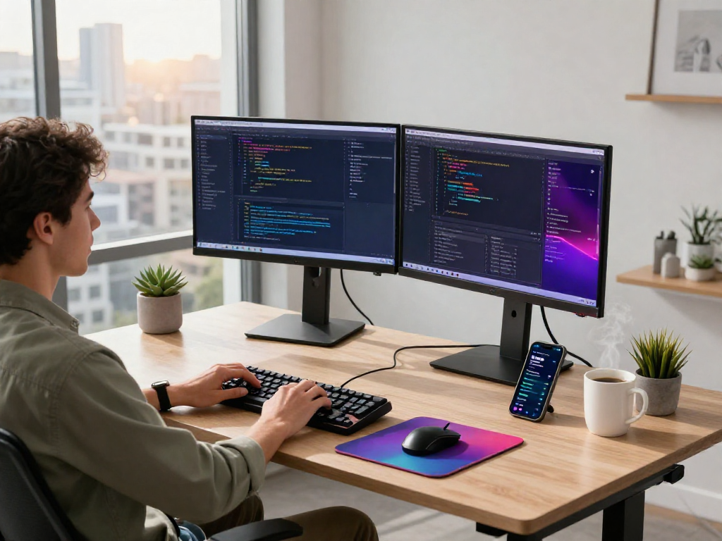 Work environment showcasing a creative software developer focused on a crush on ai project, surrounded by coding displays and modern office elements.