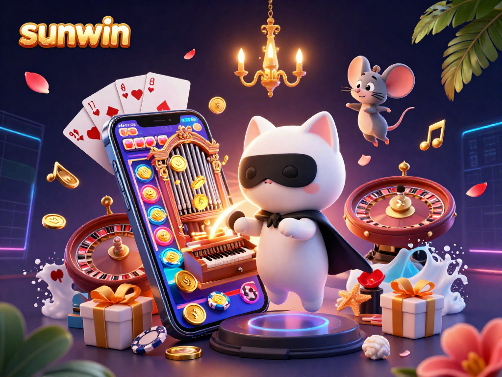 Experience excitement at Sunwin with a vibrant slot game scene, featuring a charming cat and dynamic gaming elements.