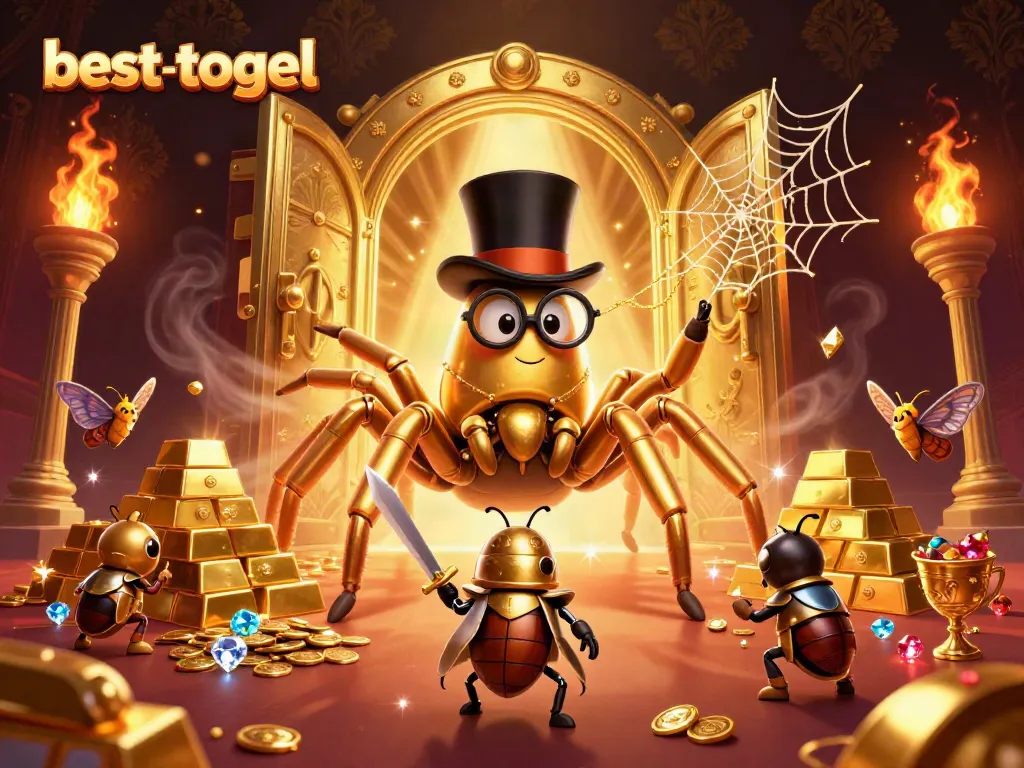Gambaran ilustrasi 3D dari besttogel dengan tarantula emas dan ksatria keong berbaja.