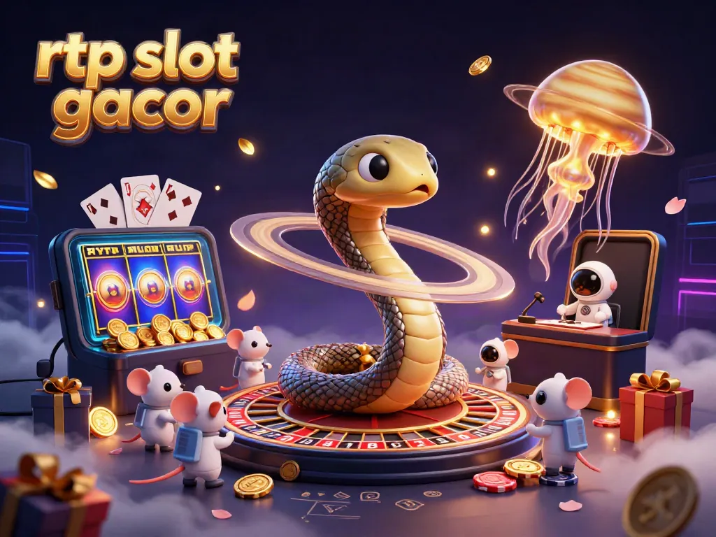 Putaran RTP slot gacor dengan ular Saturnus, permainan slot, dan astronaut di dalam dunia kasino virtual.