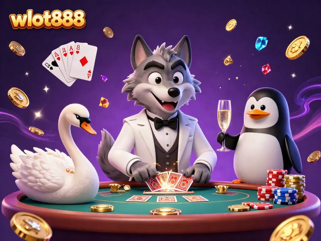 Gambarlah momen seru di wslot888 saat wolf, angsa, dan penguin bersenang-senang dengan kartu, koin, dan chip.