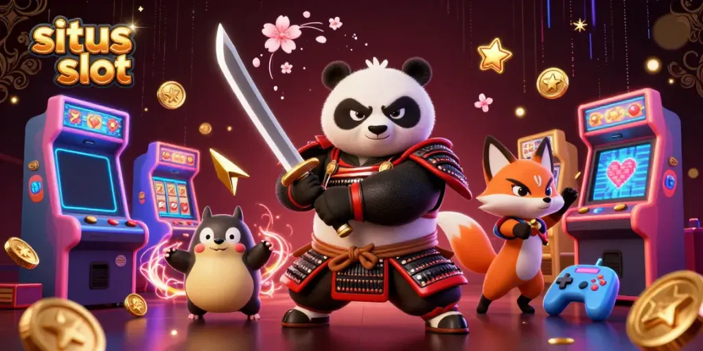 Ilustrasi 3D situs slot dengan panda samurai dan rubah ninja, dikelilingi mesin permainan.