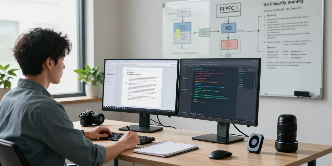 Detect fraud in PDF documents with AI tools in a cybersecurity workspace featuring dual monitors analyzing suspicious files.