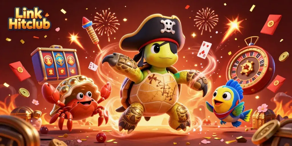 Engage in thrilling gameplay at Link Hitclub with vibrant 3D pirate-themed symbols and dynamic casino elements.