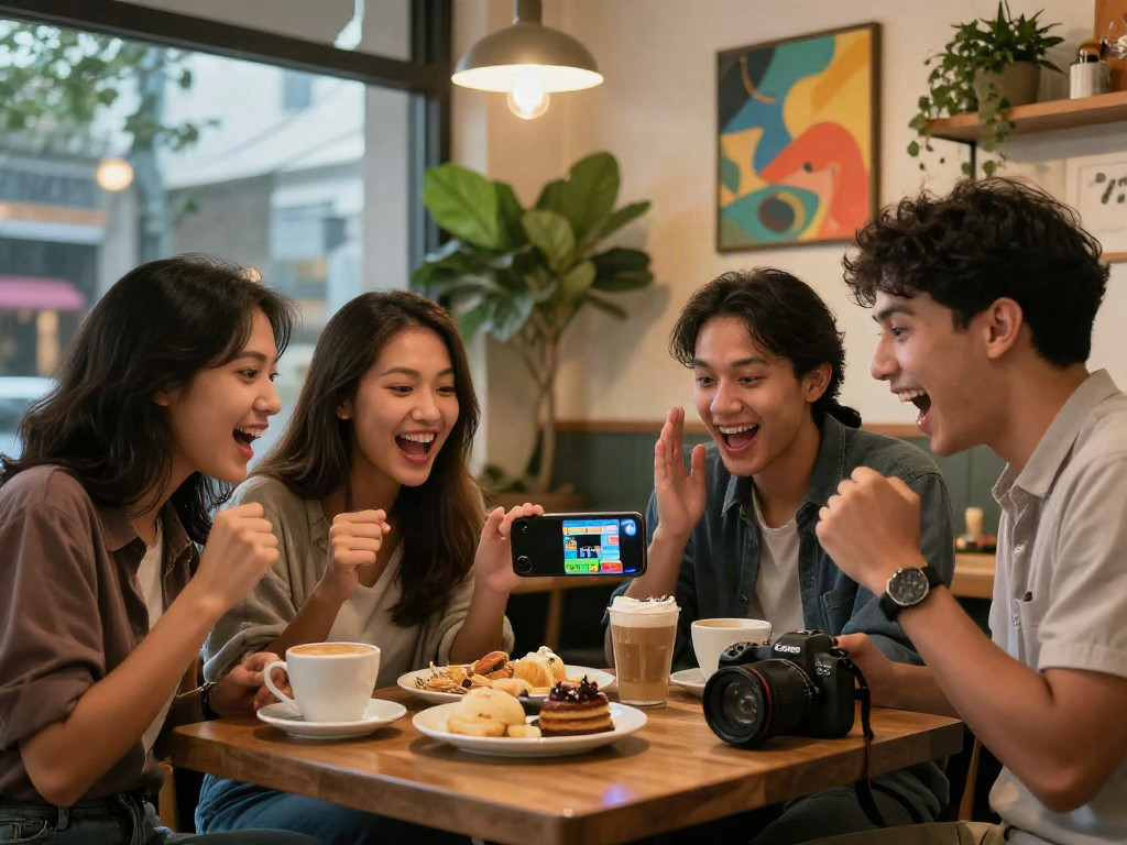 Engaged friends playing togel online in a cozy café setting, showcasing excitement and camaraderie.