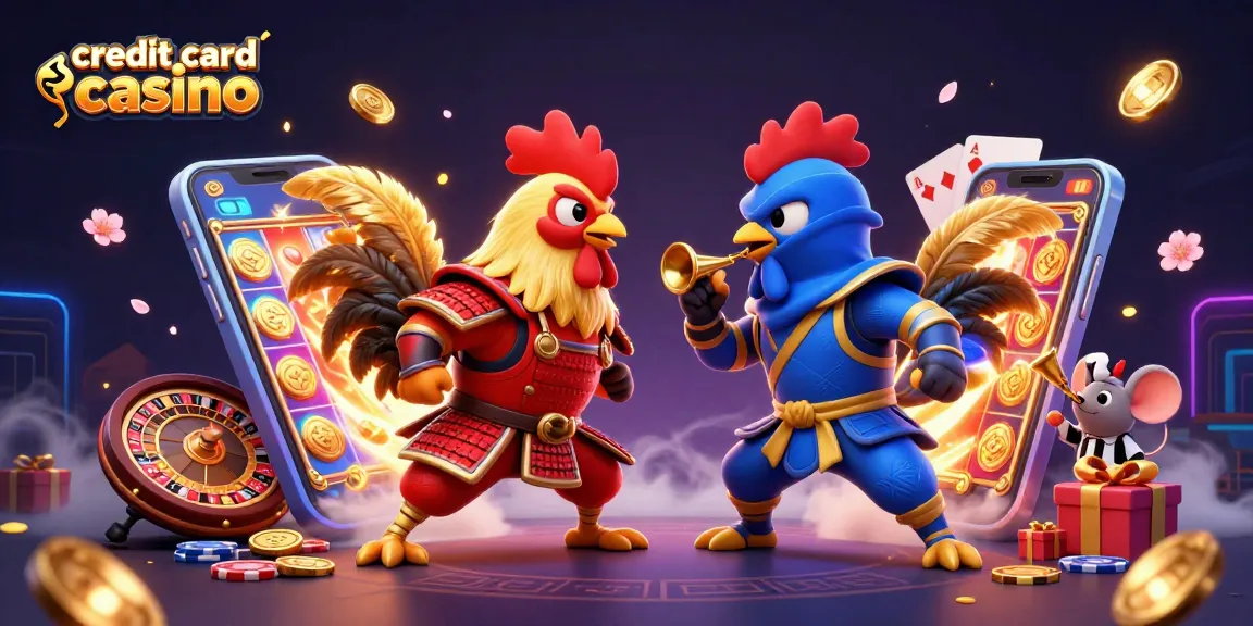 Engage in thrilling play at a credit card casino with cartoon fighting roosters amidst vibrant game elements.