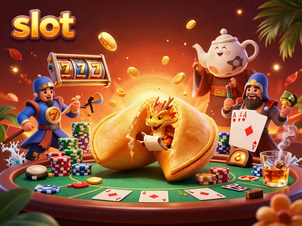 Experience thrilling slot action with a golden fortune cookie, wise dragon, and jackpot symbols in an energetic scene.