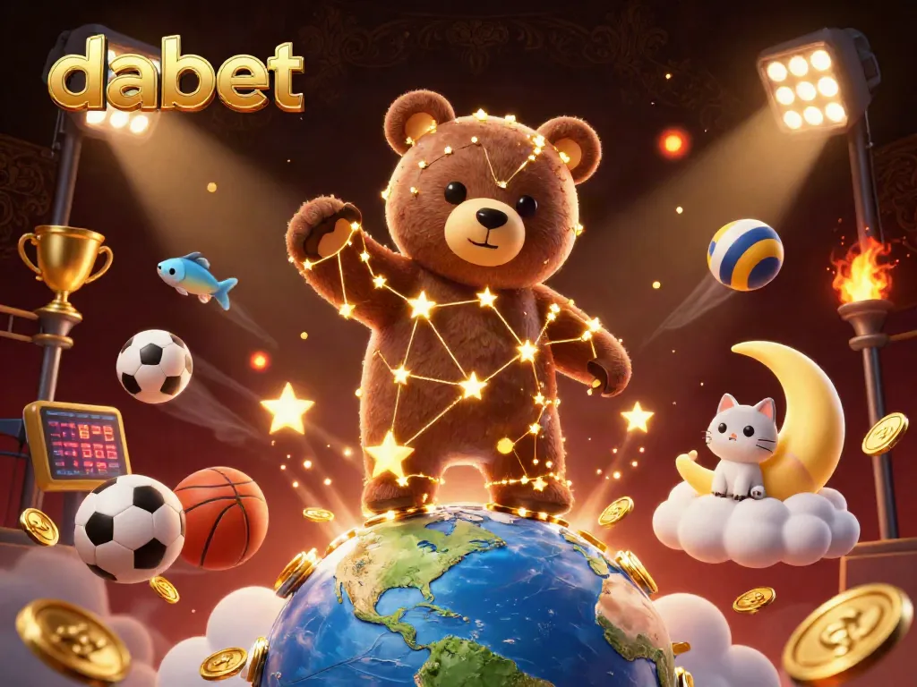 Dabet features an enchanting bear constellation scooping coins, surrounded by dynamic sports elements.