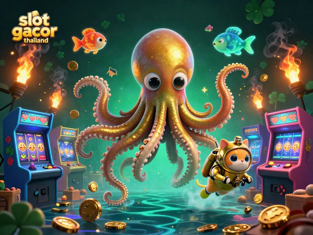 Engage in slot gacor thailand with a thrilling 3D illustration of a kraken and diving cat in a vibrant casino-themed scene.