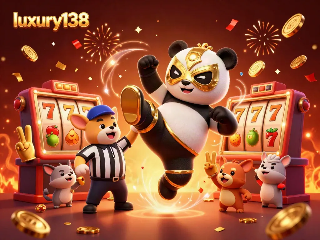 Experience luxury138 gaming with dynamic scenes including a panda wrestler and vibrant casino elements.