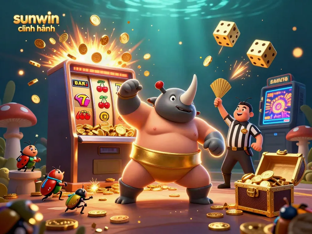 Engage with sunwin chính hãng gameplay featuring a vibrant scene of a rhinoceros beetle sumo champion amidst casino excitement.