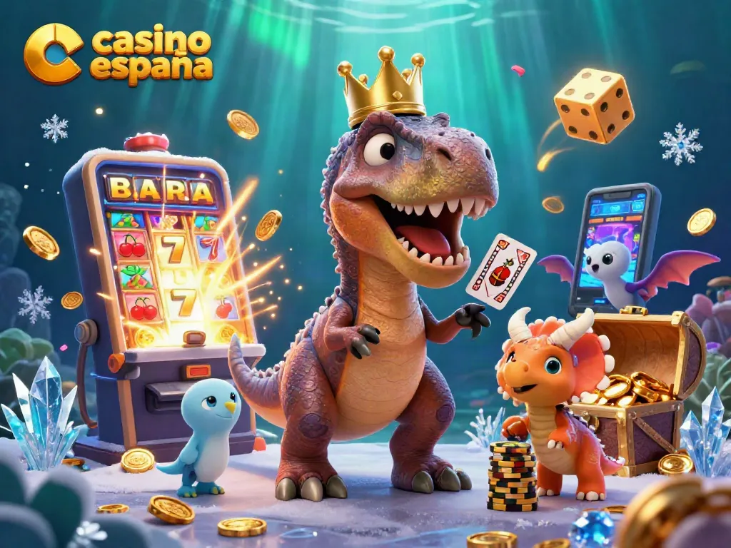 Juega en un casino en línea en España con un T-Rex amigo en un entorno colorido y divertido.