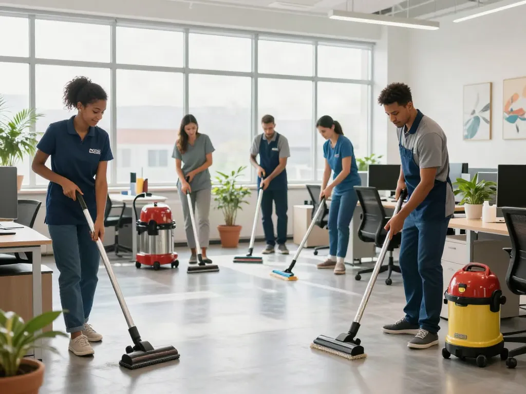 DISE Cleaning Team bei der professionellen Reinigung eines modernen Büros mit hochwertiger Ausrüstung.