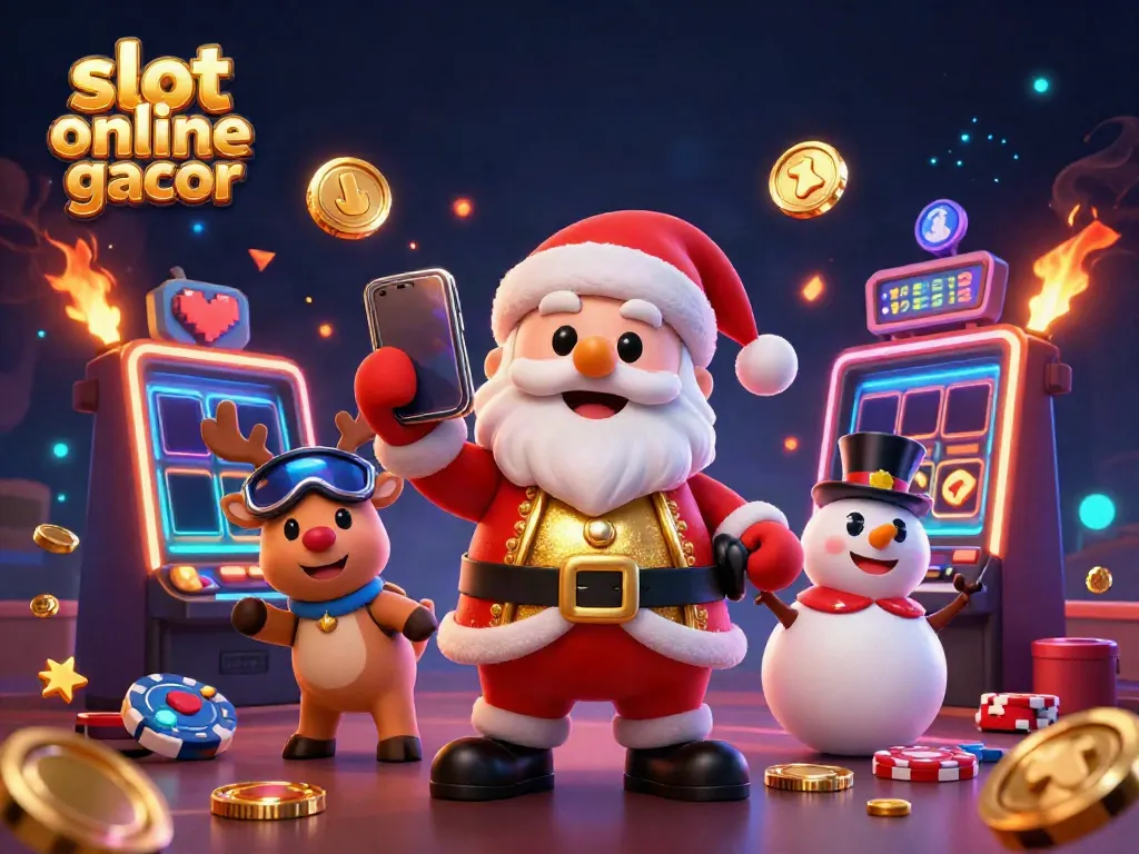 Engage with the captivating slot online gacor scene featuring Santa, a reindeer dealer, and a poker chip snowman.