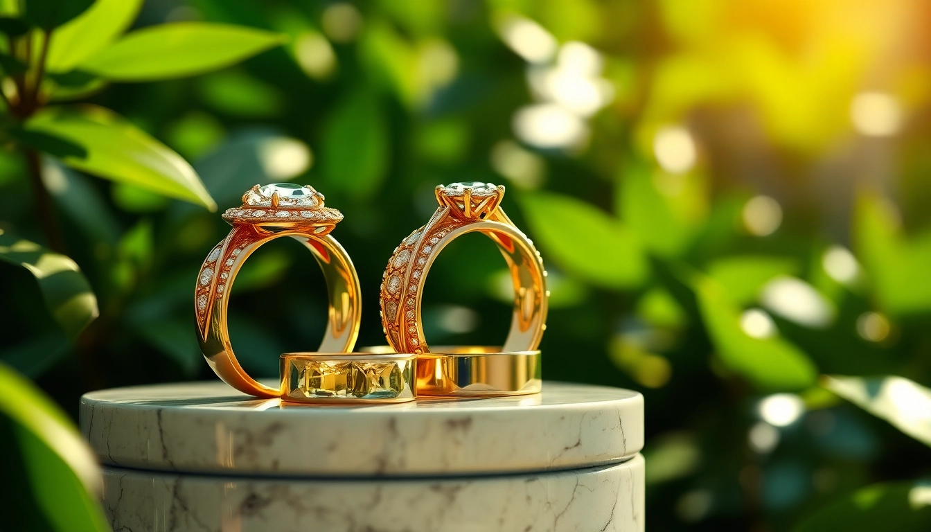 Luxury rings shining brightly, elegantly displayed on a marbled pedestal surrounded by nature.