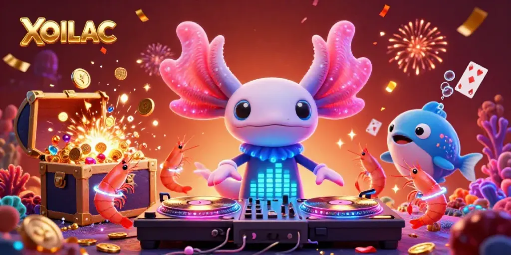Experience the excitement of XOILAC's vibrant casino scene with dancing characters, glimmering treasures, and dynamic energy.