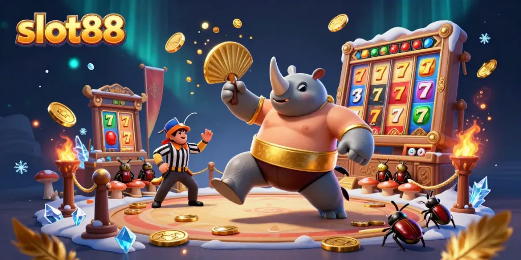 Experience the excitement of slot88 with a sumo beetle champion amidst flying coins and slot elements.