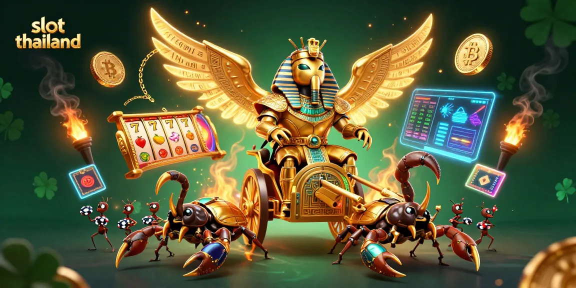 Win big with slot thailand in an exciting scene featuring a colossal golden scarab beetle and dazzling casino elements.