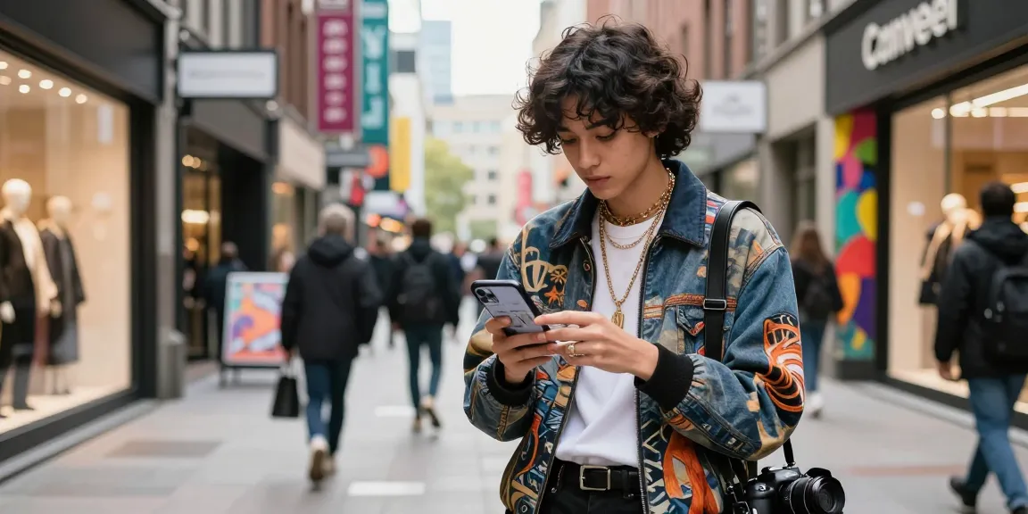 Fashionable shopper exploring stylish outfits at https://shs-dome5.com/ in an urban setting.