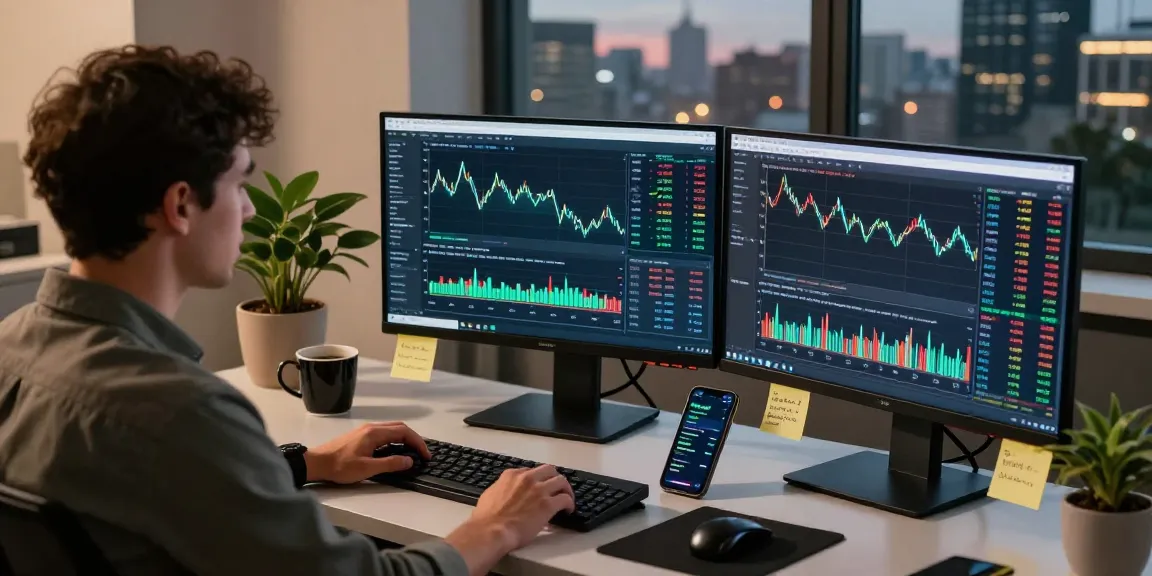 MetaTrader 4 trading setup with multiple screens showing forex charts and data in a modern workstation.