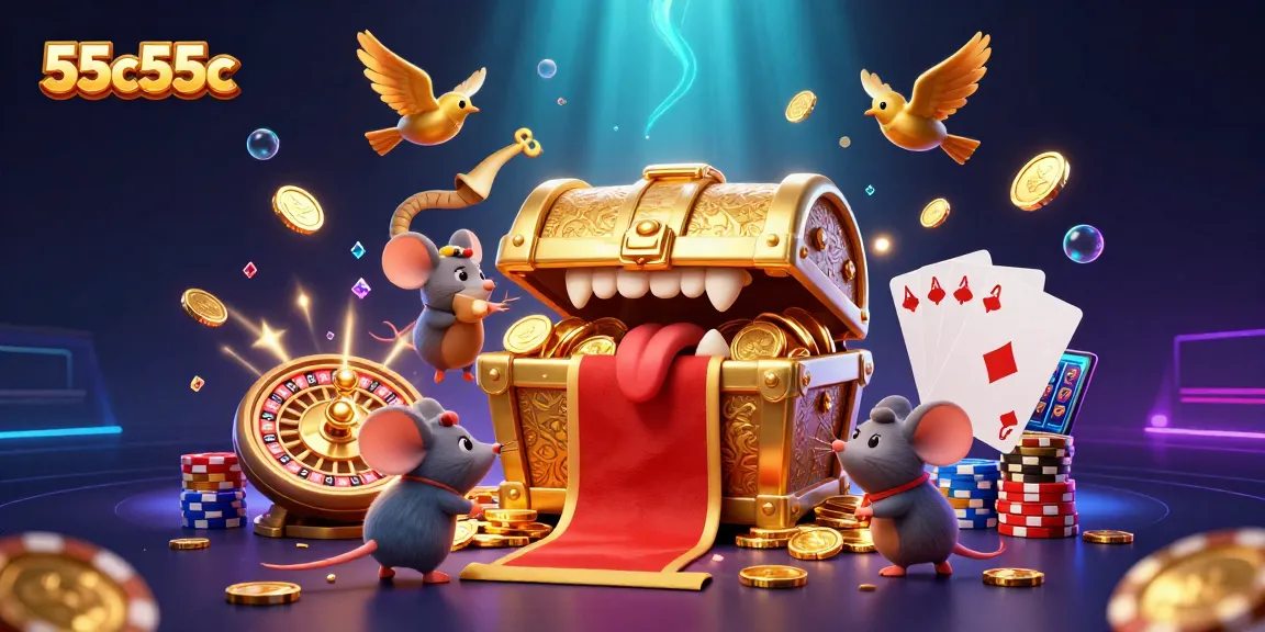 Engage with the thrilling visuals of 55c55c featuring a golden treasure chest and casino elements.