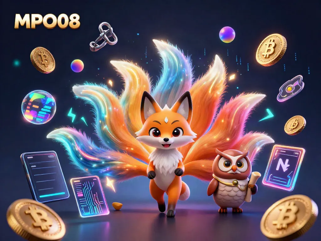 MPO08 showcases a vibrant nine-tailed fox spirit and wise owl sage in a dynamic casino-themed scene.