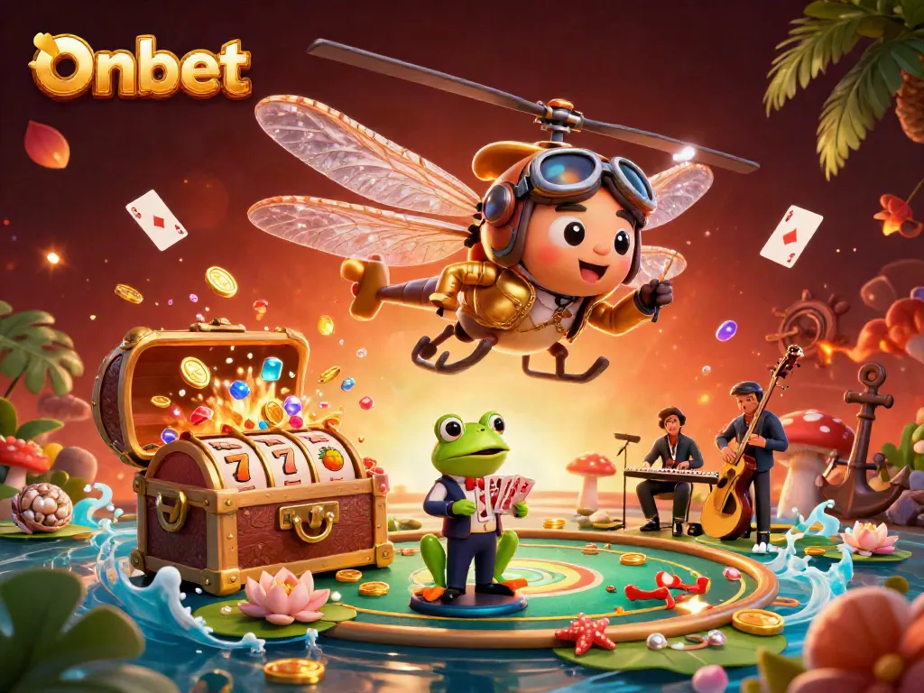 Experience Onbet's thrilling casino atmosphere with vibrant 3D characters and dynamic slot game elements.