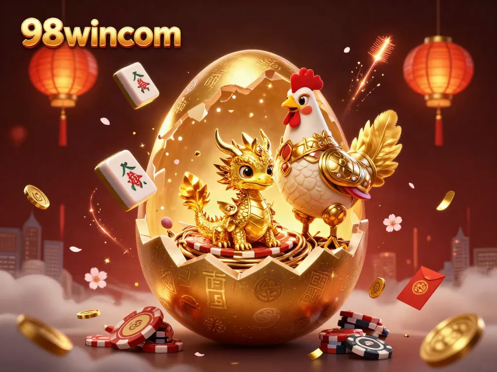 Experience the thrill of 98wincom with captivating gaming elements and a dazzling golden dragon scene.