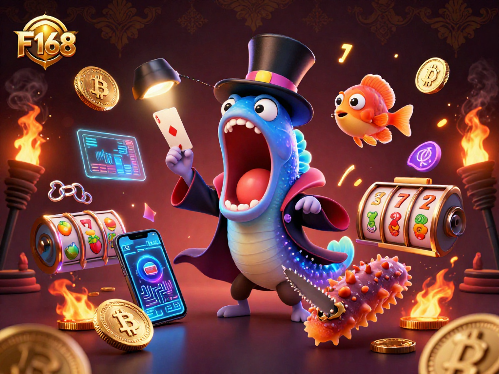 Engage with F168's thrilling casino magic scene featuring vibrant underwater characters and slot game elements.