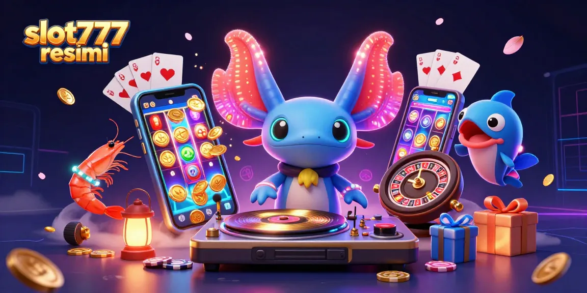 Experience slot777 resmi excitement with neon axolotl DJ and engaging slot game elements.
