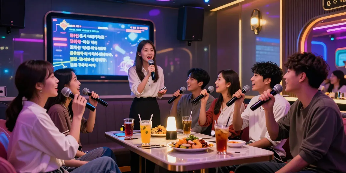 Exciting 인천쓰리노 nightlife scene with friends singing karaoke in a stylish private room, showcasing vibrant atmosphere and modern entertainment.