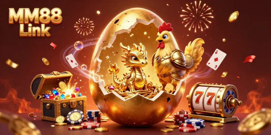 Engage with the MM88 Link casino experience featuring a golden dragon, poker chips, and vibrant gambling elements.