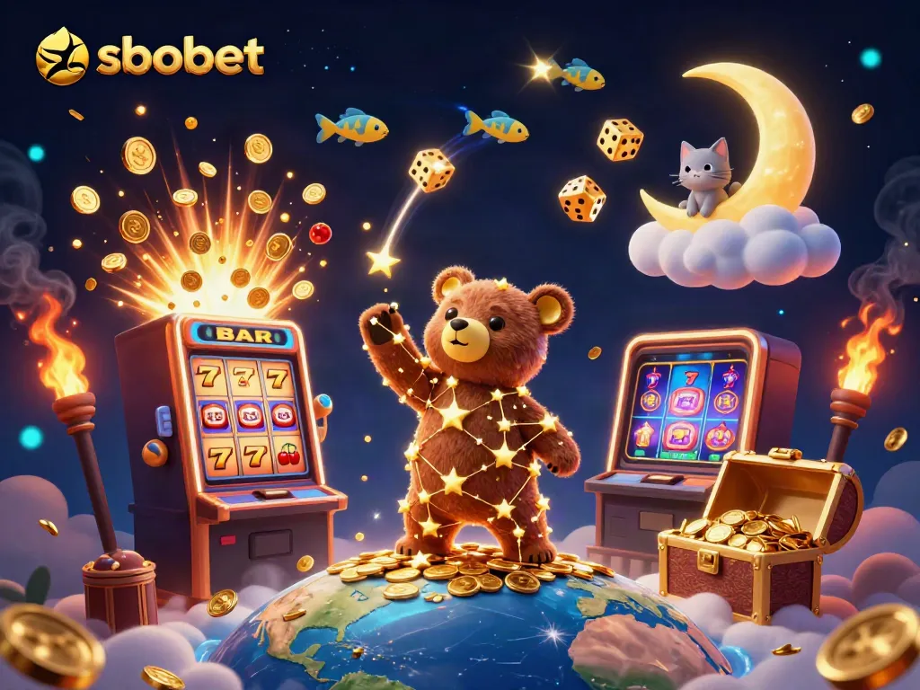 Experience sbobet's winning moments with a constellation bear scooping coins in a vibrant casino scene.