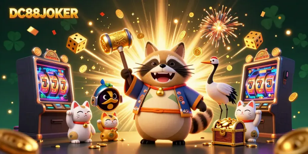 Engage with DC88JOKER's vibrant casino scene, featuring playful tanuki and luck symbols.