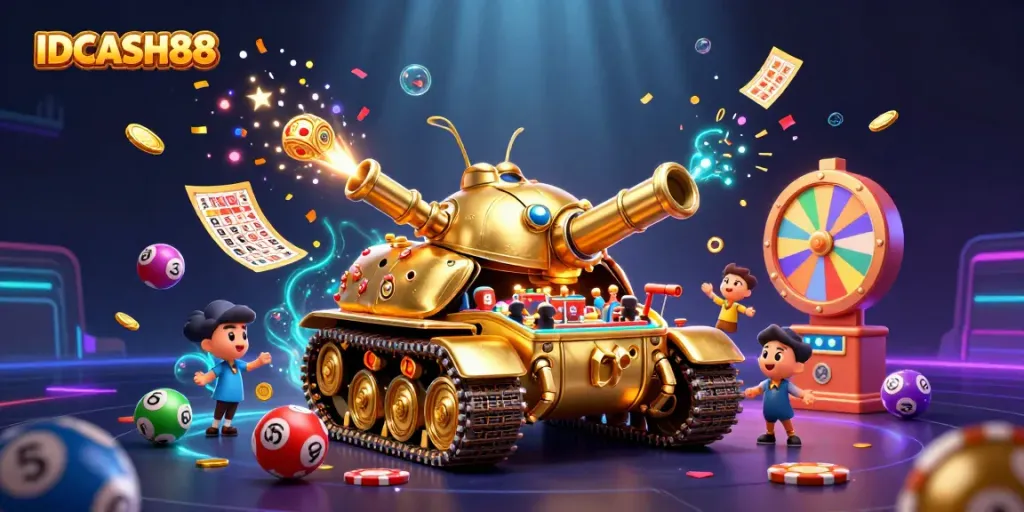 Engage in thrilling gaming excitement at IDCASH88 with a colorful casino scene featuring lottery elements and vibrant celebrations.