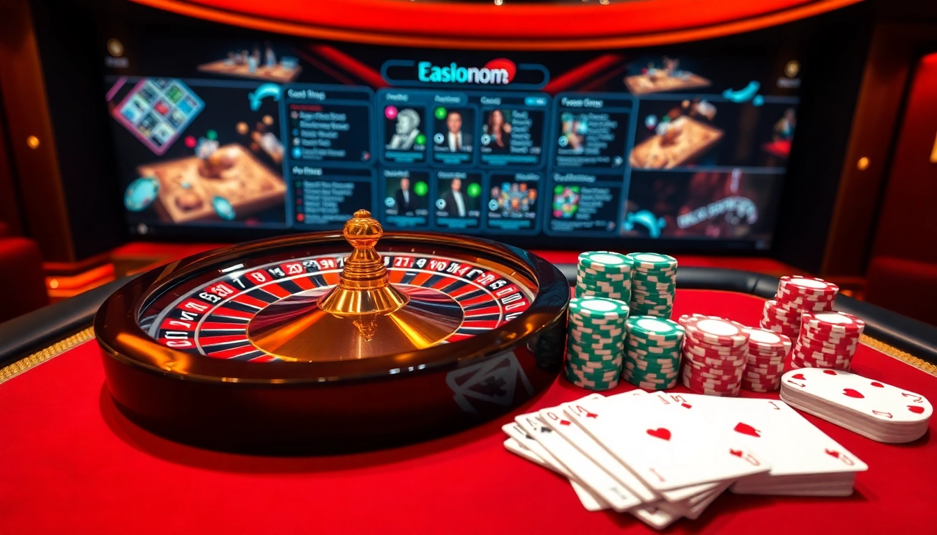 Découvrez l'excitation d'un site de casino en ligne avec des jetons de poker et une roulette.