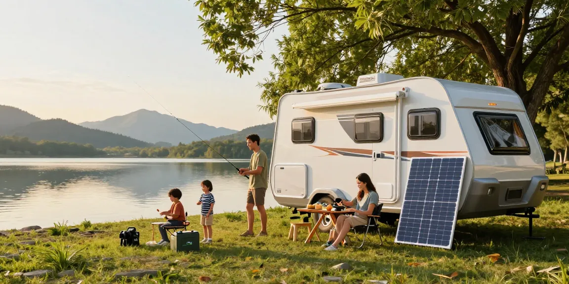 Family enjoying off-grid camping with a lithium RV battery powering their travel trailer in a scenic lakeside setting.